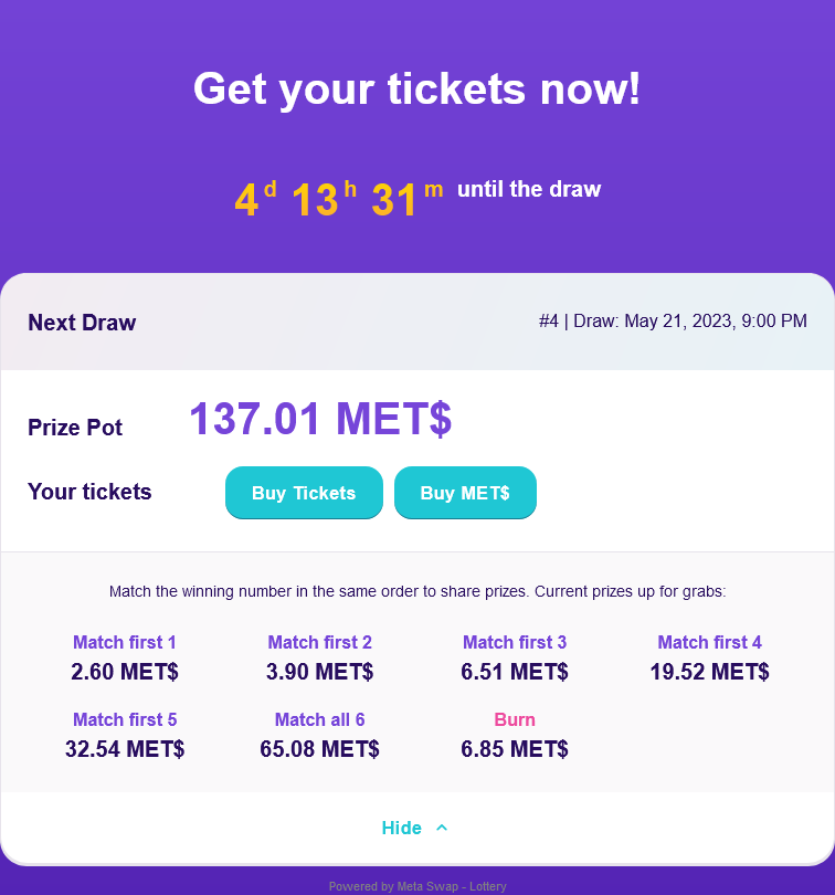 MetaSwapDexLp's tweet photo. Big #jackpot !!!

Sparkling start to the 🎲#Lottery 🎲of

@MetaSwapDexLp MET$

Don't wait buy a ticket ... and good luck 🍀

Draw Sunday 21 May at 21:30 🕘 https://t.co/GG90KtcCHS