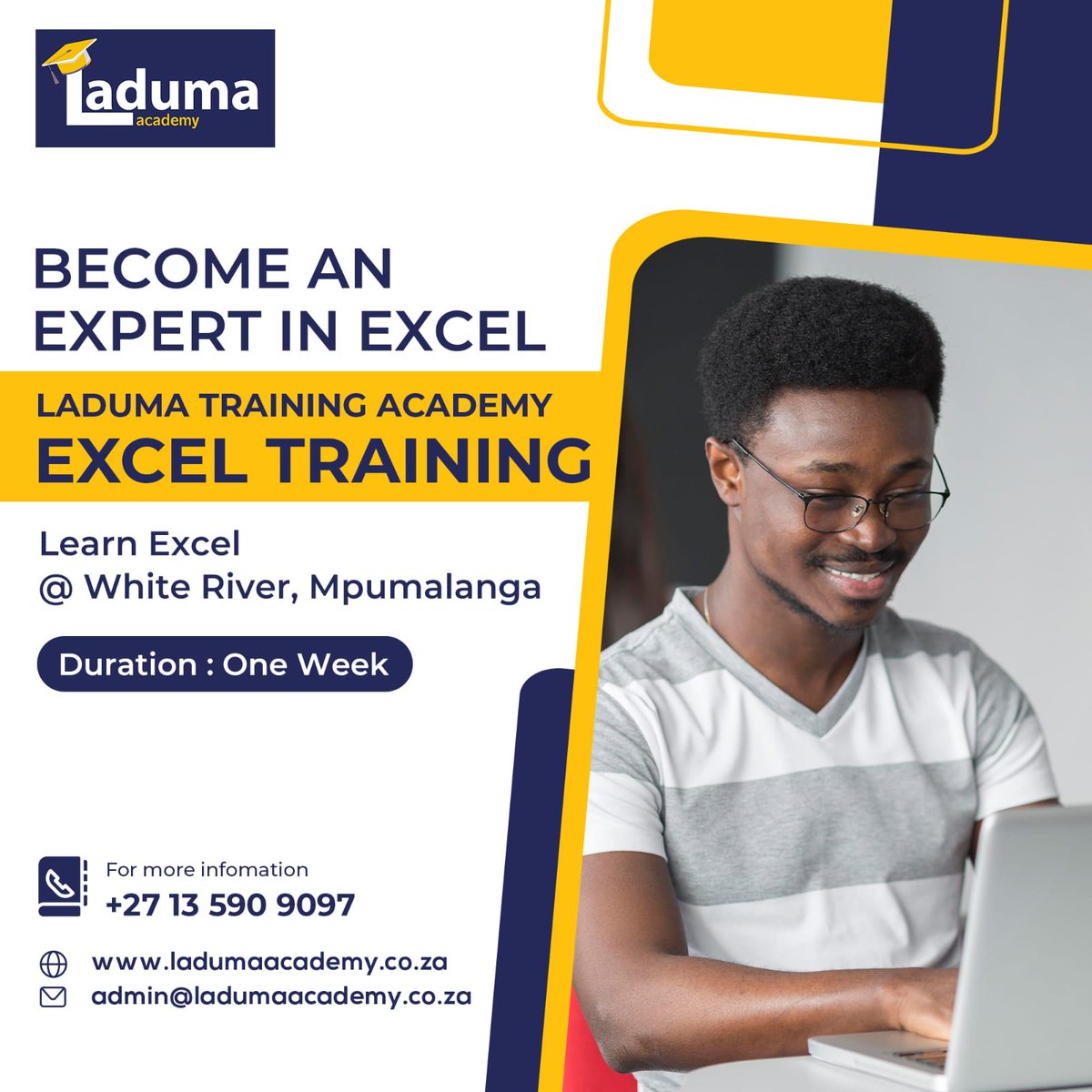 LadumaAcademy's tweet image. Become an Expert in Excel
𝐄𝐗𝐂𝐄𝐋 𝐓𝐑𝐀𝐈𝐍𝐈𝐍𝐆 – One week Course offered by Laduma Training Academy located at White River, Mpumalanga.
For more information
+27 13 590 9097
admin@ladumaacademy.co.za
ladumaacademy.co.za/excel-training/
#LadumaTrainingAcademy #excelcourse