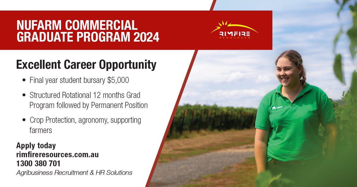 Bursary for final year student leading to structured rotational 12-month graduate program culminating in a transition to a permanent position.

Apply today: adr.to/ps7qsai

#graduate #grad #agcareers #agronomy #agriculture #agribusiness #agjobs #jobs #rimfireresources