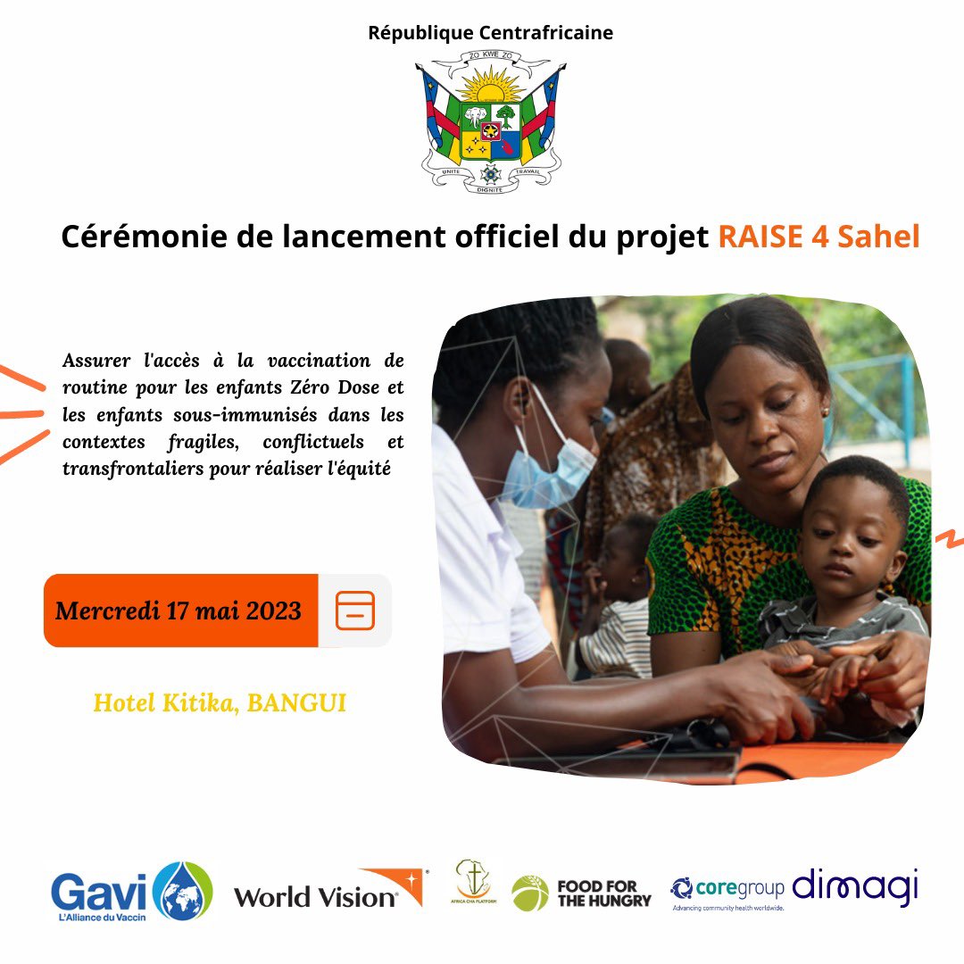 WorldVisionCAR's tweet photo. #RAISE4 Sahel is a four-year project (2022-2025) funded by @gavi that aims to identify and vaccinate zero dose #children (ZDC) and under immunized children (UIC) living in fragile and conflict-affected contexts in seven countries in the region of the Sahel.
2/3 https://t.co/ceNVXNbIib