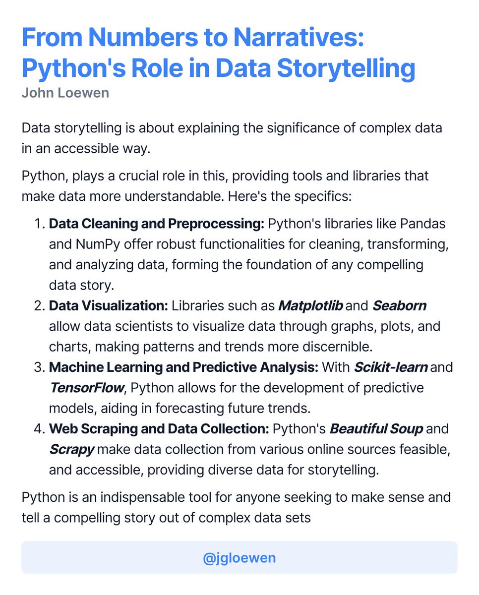 jgloewen's tweet image. 🐍"From messy data to fascinating stories.
Python's libraries are shaping the future of data storytelling, turning complex data into compelling stories
Here's how: 👇👇
#PythonInAction #DataStorytelling