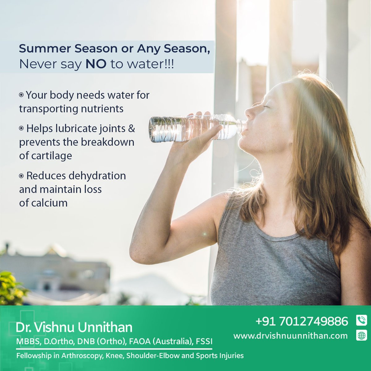 Summer Season or Any Season, Never say NO to water!!!

#drvishnuunnithan #ortho #shoulder #arthroscopy #surgeon #doctor #trivandrum #summer #summertip #hydration