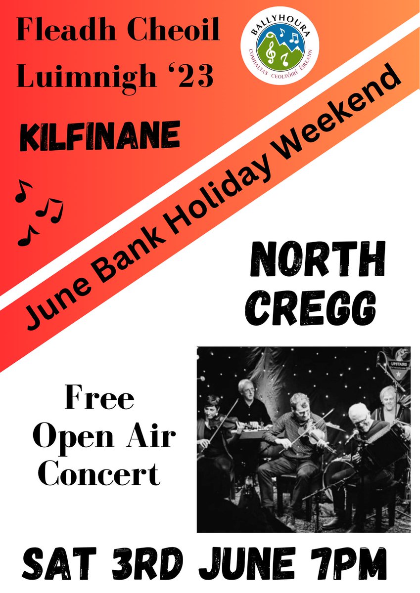 Just over two weeks to the Fleadh - with headline acts: Hup na Houra (booking advised) and North Cregg & Fuinneamh ( FREE OPEN AIR! ) 
Kilfinane is the place to be!! #fleadh #music @LimerickCCE @Comhaltas @AnitaBennis