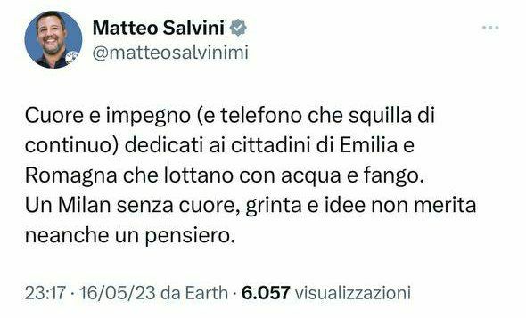 paoloamorico's tweet photo. #Salvini : "Sto monitorando la situazione delle infrastrutture del territorio: il mio ministero è a disposizione dei sindaci, siamo pronti a fare la nostra parte". 
Non appena termina la semifinale Milan-Inter. 

DIMISSIONI!
 
#BuongiornoATutti 
#alluvione #EmiliaRomagna #Bologna https://t.co/DBCJy53WP5