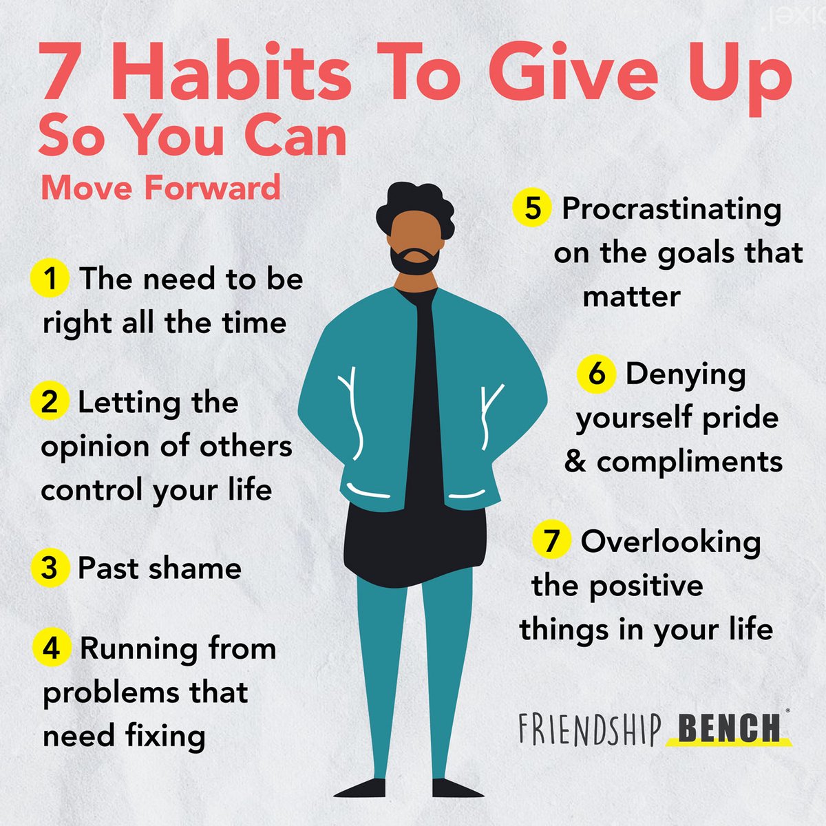 It's easy to find ourselves lost, going through the day but feeling empty & numb. In these times....

🙃 STOP
🪑 Take a seat
📝 Get a note pad & pen
✏️ Of the 7 points below, which are unhelpful habits in your life? List them.
💭 What action can you take to break the habits?