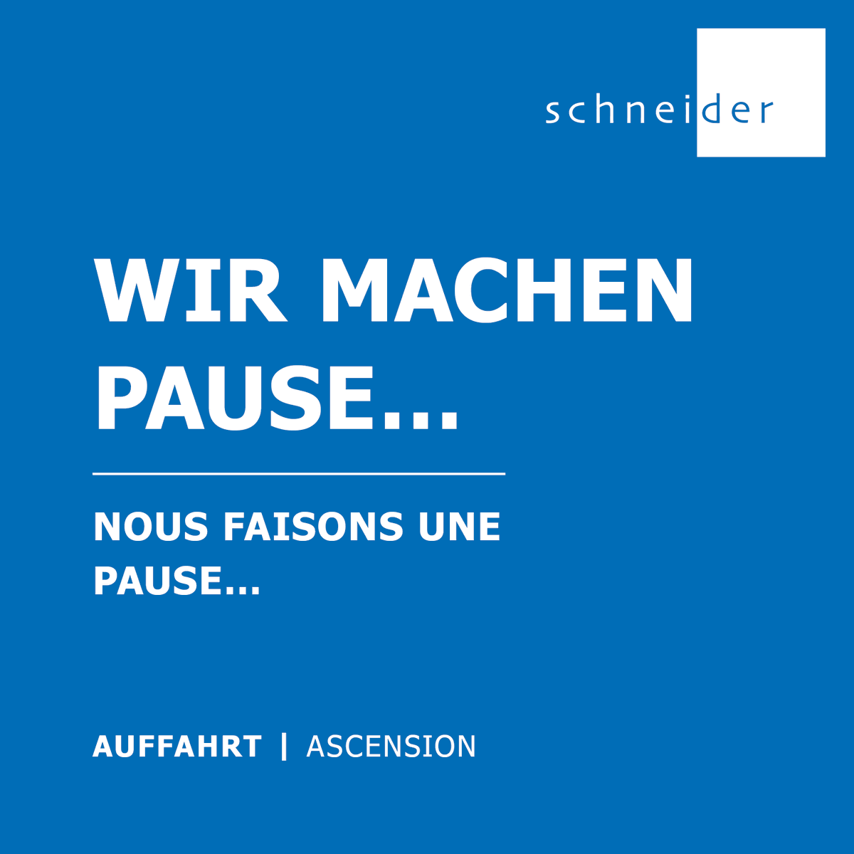 Unsere Büros bleiben am 18.5. geschlossen. Am 19.5. sind wir wieder zu den gewohnten Bürozeiten für Sie da. Wir wünschen Ihnen einen erholsamen Feiertag! 

Notre société sera fermée le 18.5. Nous serons de retour le 19.5. Nous vous souhaitons de bonnes fêtes !

#auffahrt #frei