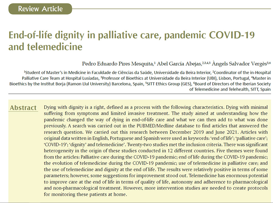 zacagost's tweet photo. Nuevo artículo publicado por el grupo GES de la SITT End-of-life dignity in palliative care, pandemic COVID-19 and telemedicine https://t.co/xtUVYyjOAo @agabejas @sittiberica https://t.co/pmsGcmg305