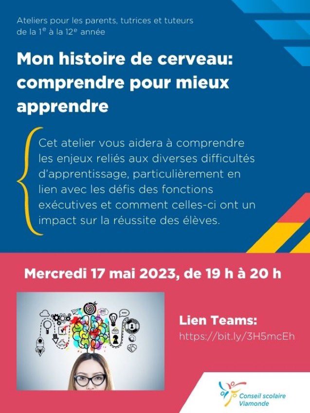 Le conseil scolaire Viamonde tiendra un atelier pour les parents, tuteurs et tutrices intitulé 'Mon histoire de cerveau: comprendre pour mieux apprendre'. Veuillez voir l'image ci-joint pour les détails et le lien de connexion.