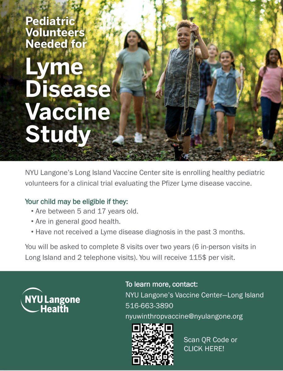 Dogs have a Lyme disease vaccine. There is no FDA approved Lyme disease vaccine. We can change that. Looking for pediatric volunteers for Lyme Disease Vaccine study. Feel free to share the flyer with potentially interested people. Thanks. <a href="/nyulisom/">NYU Grossman Long Island School of Medicine</a>  <a href="/NYULangoneLI/">NYU Langone Hospital—Long Island</a> <a href="/NYULH_Vaccine/">NYU Langone Vaccine Center</a>