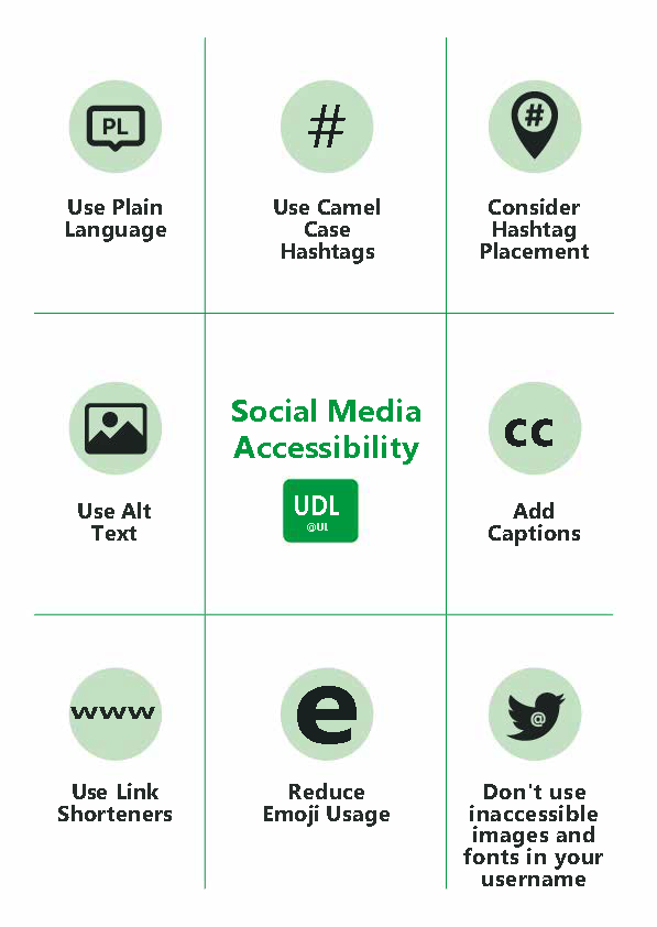 tjoshaughnessy's tweet photo. Below are Social Media Accessibility guidelines that we created as part of a recent focus on accessibility as part of our UDL@UL project. Seeing a lot of GAAD posts on social media with no Alt Text #AccessibilityWeekUL #GAAD #Day3  #A11y #AccessibleSocialMedia #InclusiveCulture https://t.co/X4EkW6oY1o