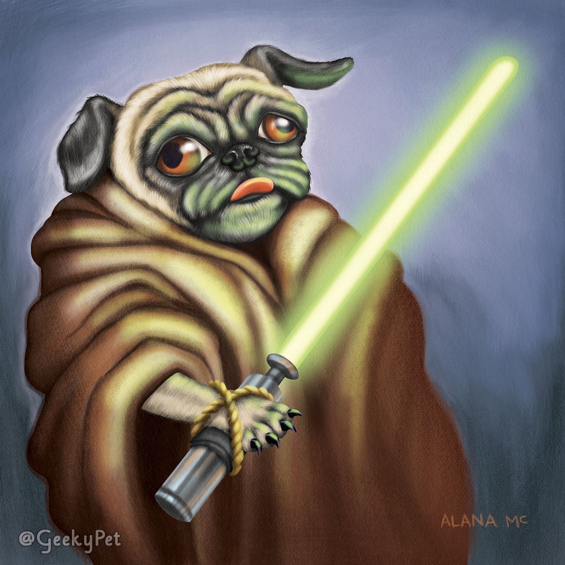 Jedi pug is ready to battle the dark side!

#geekypet #illustration  #dogcosplay #doggift #petportrait #dogportrait #dog #doglovers #doglover #doglife #creative #painting #etsy #etsyshop #customart #commission #pug #starwars #jedi