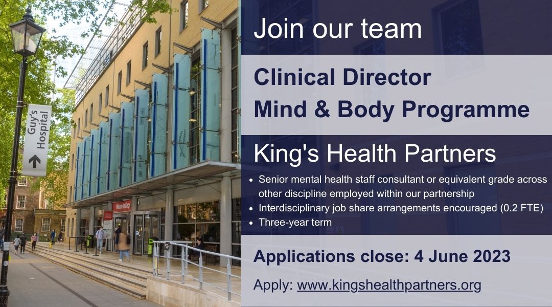Mind & Body Programme (@mindandbody_khp) on Twitter photo We're recruiting for two exciting senior roles in our
team to provide leadership to our well-established and ambitious programme. Open to employees of
<a href="/GSTTnhs/">Guy's and St Thomas'</a>, <a href="/KingsCollegeNHS/">King's College NHS</a>, <a href="/MaudsleyNHS/">NHS Maudsley</a>
and <a href="/KingsCollegeLon/">King's College London</a>.
More details and link to apply: kingshealthpartners.org/join-the-team We're recruiting for two exciting senior roles in our
team to provide leadership to our well-established and ambitious programme. Open to employees of
<a href="/GSTTnhs/">Guy's and St Thomas'</a>, <a href="/KingsCollegeNHS/">King's College NHS</a>, <a href="/MaudsleyNHS/">NHS Maudsley</a>
and <a href="/KingsCollegeLon/">King's College London</a>.
More details and link to apply: kingshealthpartners.org/join-the-team