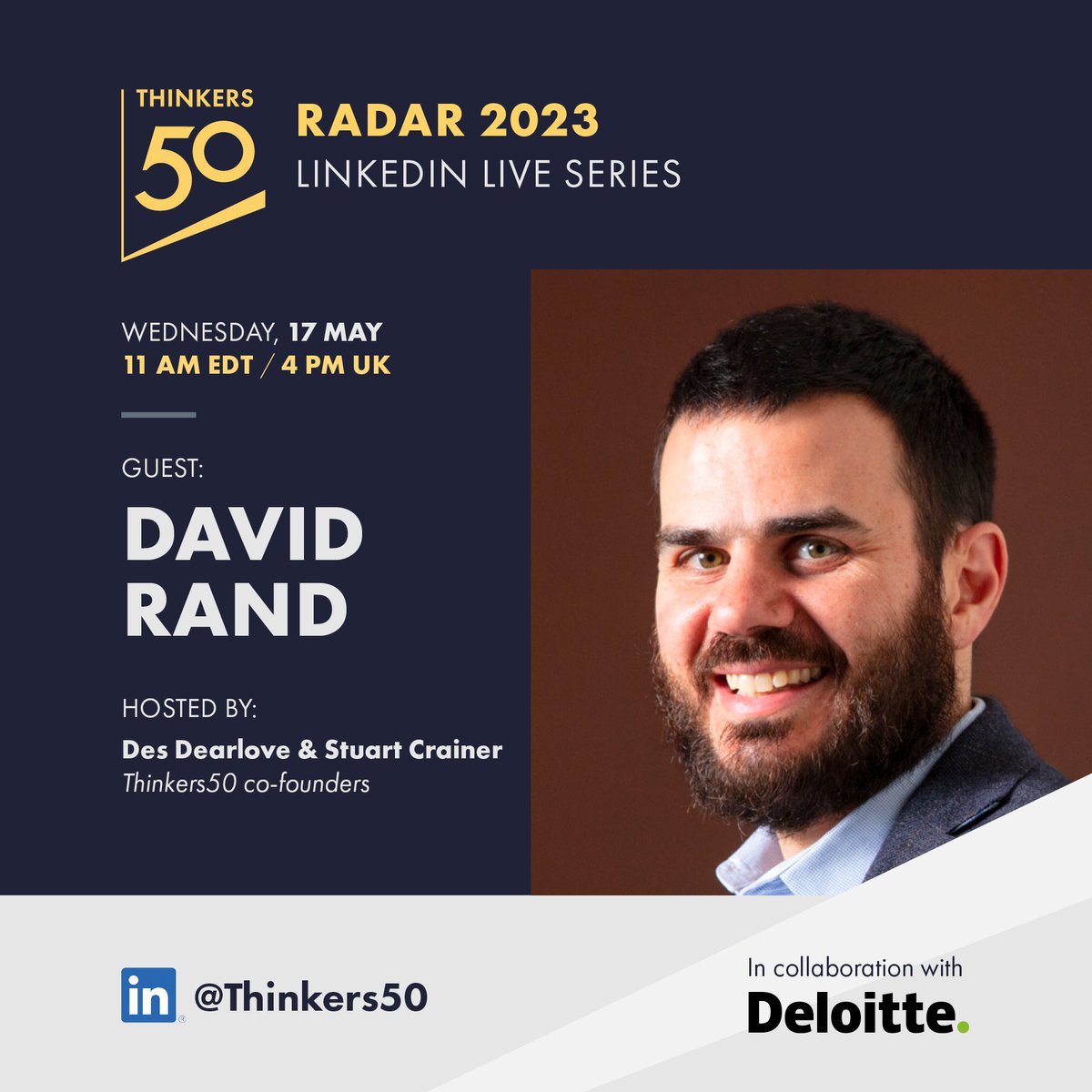 thinkers50's tweet photo. Tune in today to hear from #Thinkers50Radar member &amp; Professor at @MIT, @DG_Rand, focusing on illuminating why people believe and share misinformation and “fake news”!

Join #Thinkers50 #LinkedInLive via https://t.co/0baY5dT1FZ @mit_ide https://t.co/soVKIGddxB