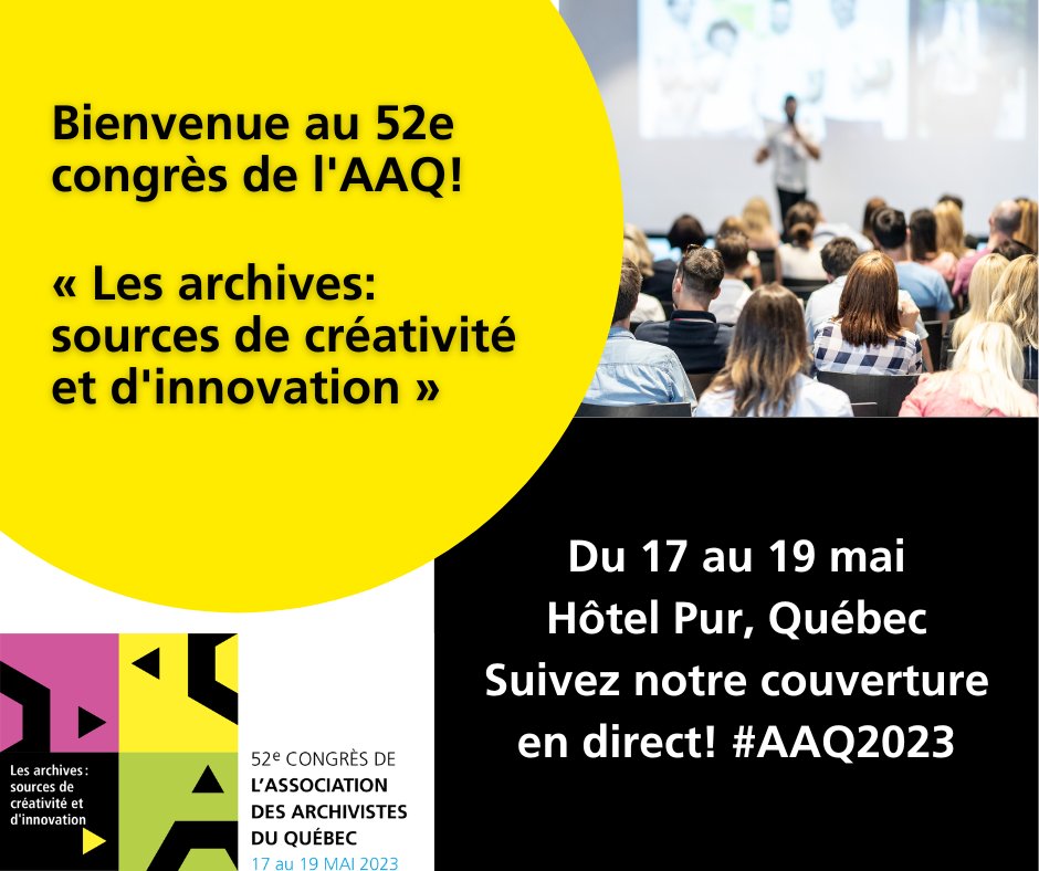 archivistesQc's tweet photo. Le 52e congrès de l’AAQ s’ouvre aujourd’hui sous le thème « Les archives: sources de créativité et d’innovation ». Nous nous retrouvons cette année à l’Hôtel Pur de Québec. Suivez notre couverture en direct! #AAQ2023 https://t.co/riTz7NBq8T