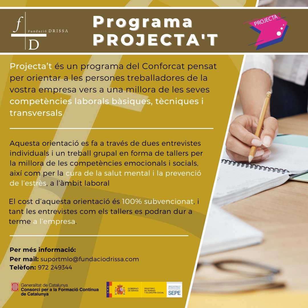 FundacioDrissa's tweet photo. ☝️A través del programa #Projecta’t del #Conforcat t'oferim la possibilitat de conèixer com actua i es manifesta l’estrès, facilitant la possibilitat d’intervenir a temps.

Ho fem amb entrevistes i tallers per la millora de competències laborals, socials i emocionals. https://t.co/gazqaAVd8p