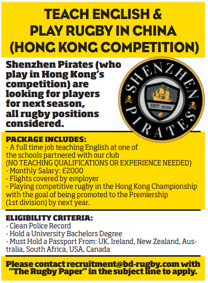 TheRugbyPaper's tweet photo. Teach English and play rugby in China! 

Shenzhen Pirates (who play in Hong Kong's competition) are looking for players for next season, all rugby positions considered. https://t.co/8ak4NkNuLO