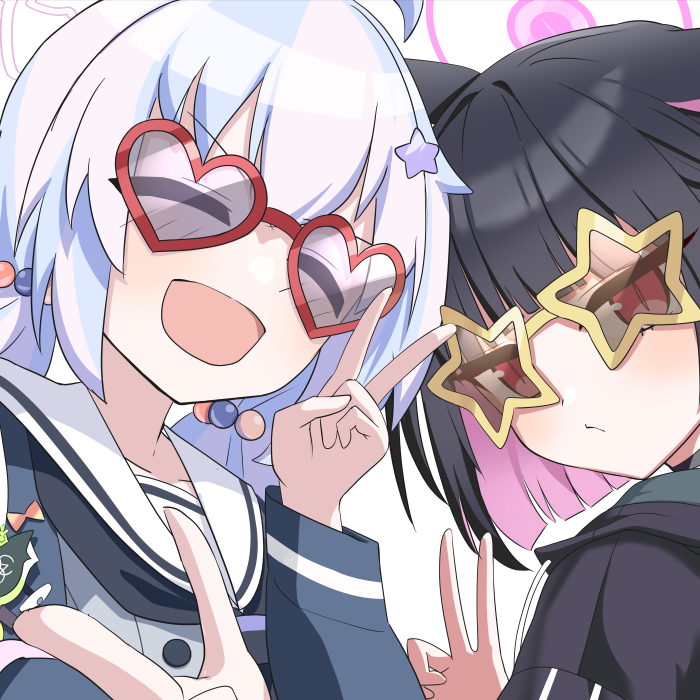multiple girls 2girls v black hair heart-shaped eyewear sunglasses hair ornament  illustration images
