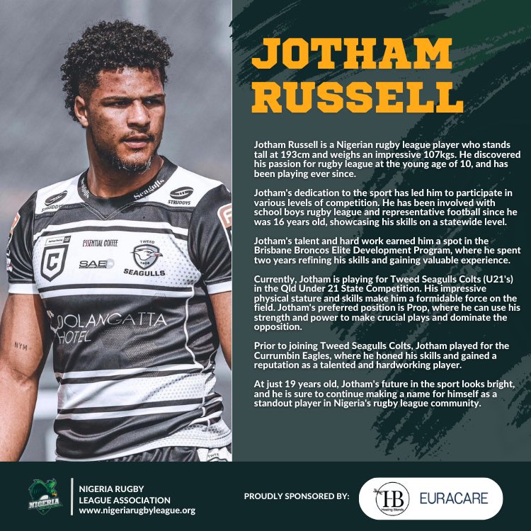 Meet Jotham Russell, a Nigerian rugby league player who has been playing since he was 10 years old, he currently plays as a Prop for Tweed Seagulls Colts (U21’s) in the Qld Under 21 State Competition at the age of 19.

#NRLA 
#RLplayerprofile