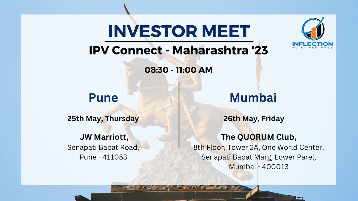 Calling all entrepreneurs &amp; investors! Join us for IPV In-person connects in 2 cities in Maharashtra: ​
Pune - May 25th at JW Marriott​
To Register: forms.office.com/r/cZxrM2eD4z​
Mumbai - May 26th at The Quorum Club​
To Register: forms.office.com/r/ANL1mNxzVe​
Register now!
See you there!