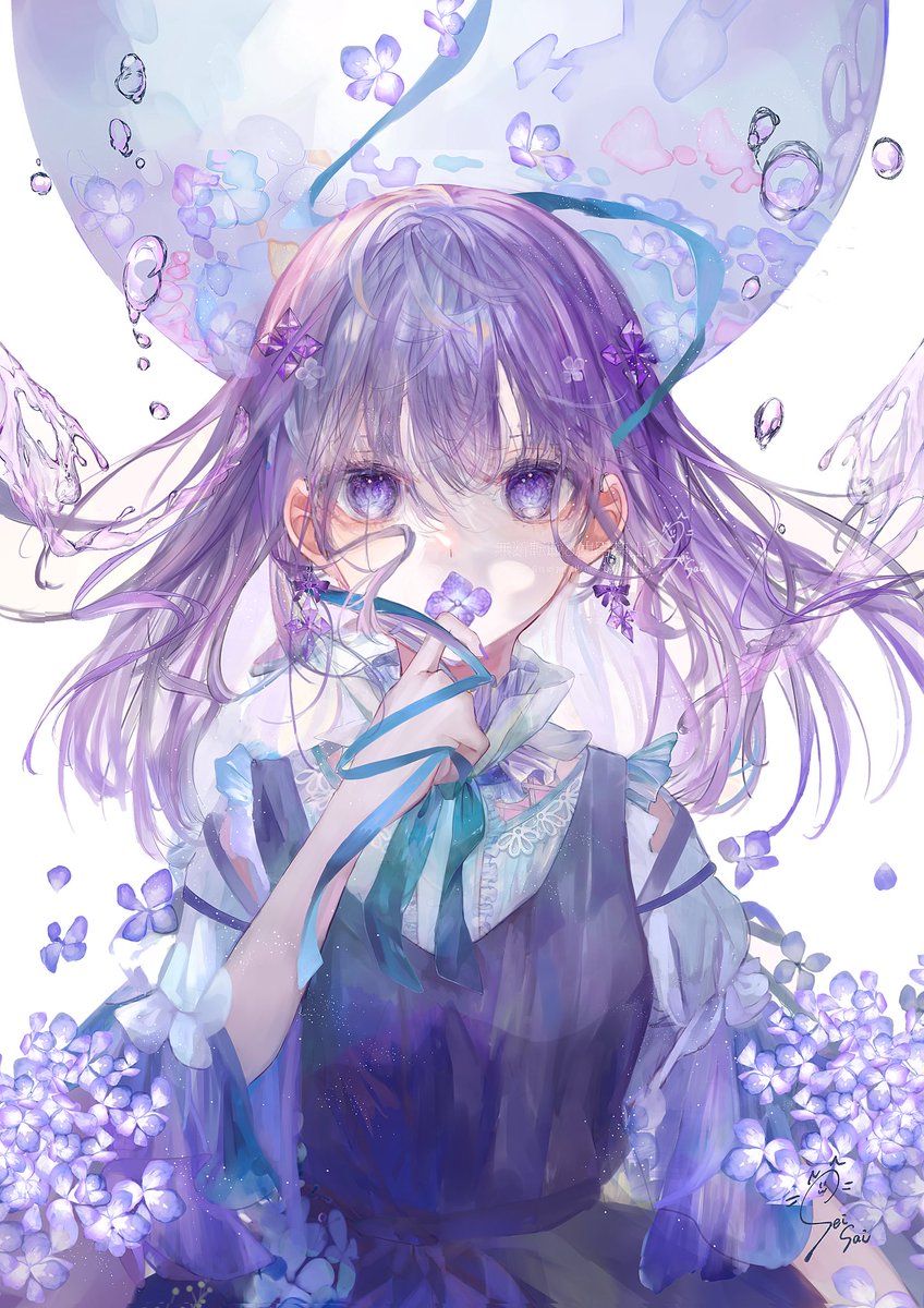 1girl solo flower purple hair purple eyes looking at viewer ribbon  illustration images