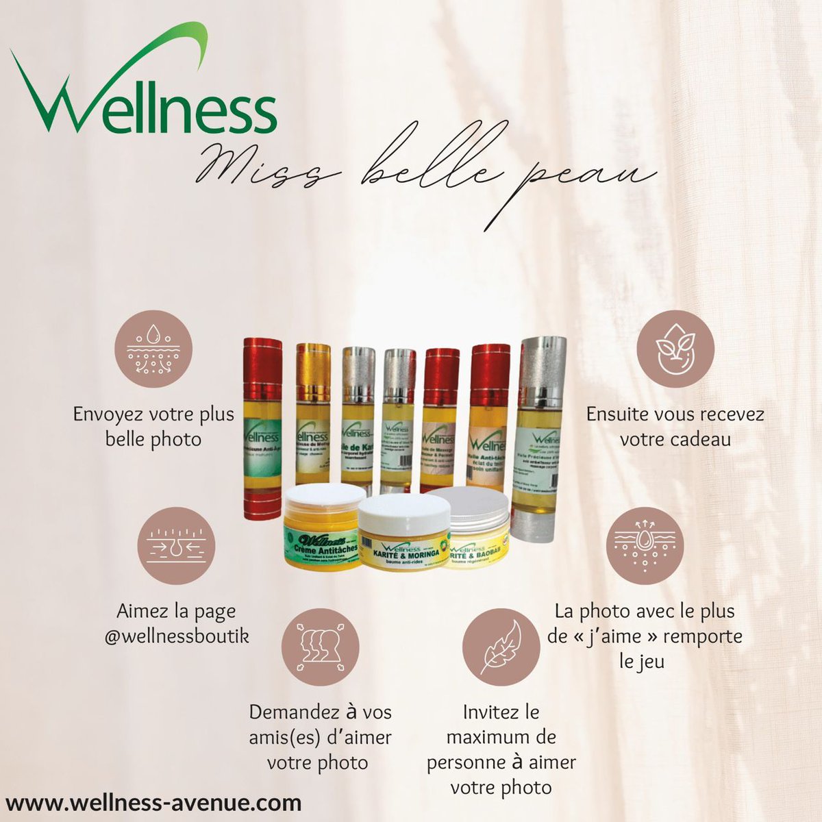 ✨Concours miss belle peau Wellness. 🤩 ⭐️Envoyez nous votre plus belle photo ⭐️Invitez le maximum de personnes à voter pour vous et à liker la page Wellness. Pour remporter 1 lot de produits Wellness par mois pendant 3 mois et des conseils belle peau. À vous de jouer‼️