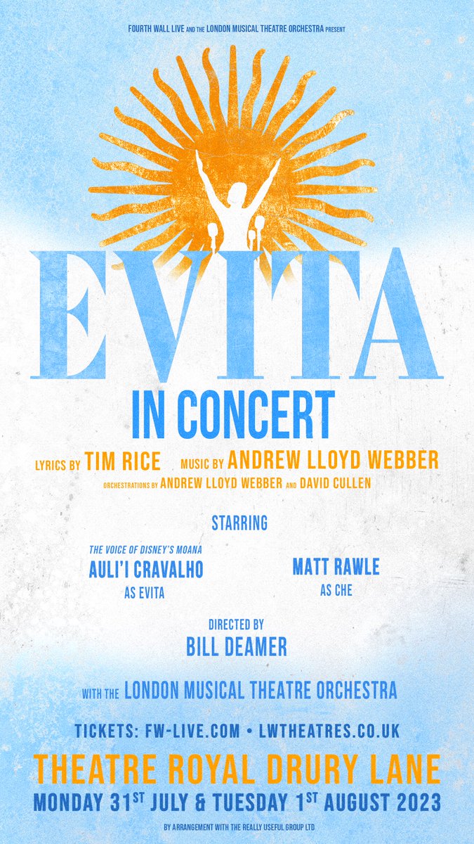 f_w_live's tweet image. What’s new Buenos Aires?

EVITA in concert at @TheatreRoyalDL this summer starring Disney’s Moana - Auli’i Cravalho as Eva Peron and Matt Rawle as Che. Directed by @BillDeamer. With the @LMTOrch !!

🎟️ fw-live.com/evita for presale sign up!
