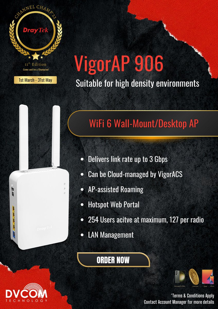 DvcomTechnology's tweet image. Powerful Performance, Extended Range: Experience Unparalleled Connectivity with DrayTek Vigor 906 AP

Registration link: lnkd.in/dj3mn8dK

@DrayTek_HQ

#DrayTekChannelChamp2023UAE
#NetworkingCompetition
#JoinTheRace
#NetworkingSkills
#IndustryChampion
#networking
#uae