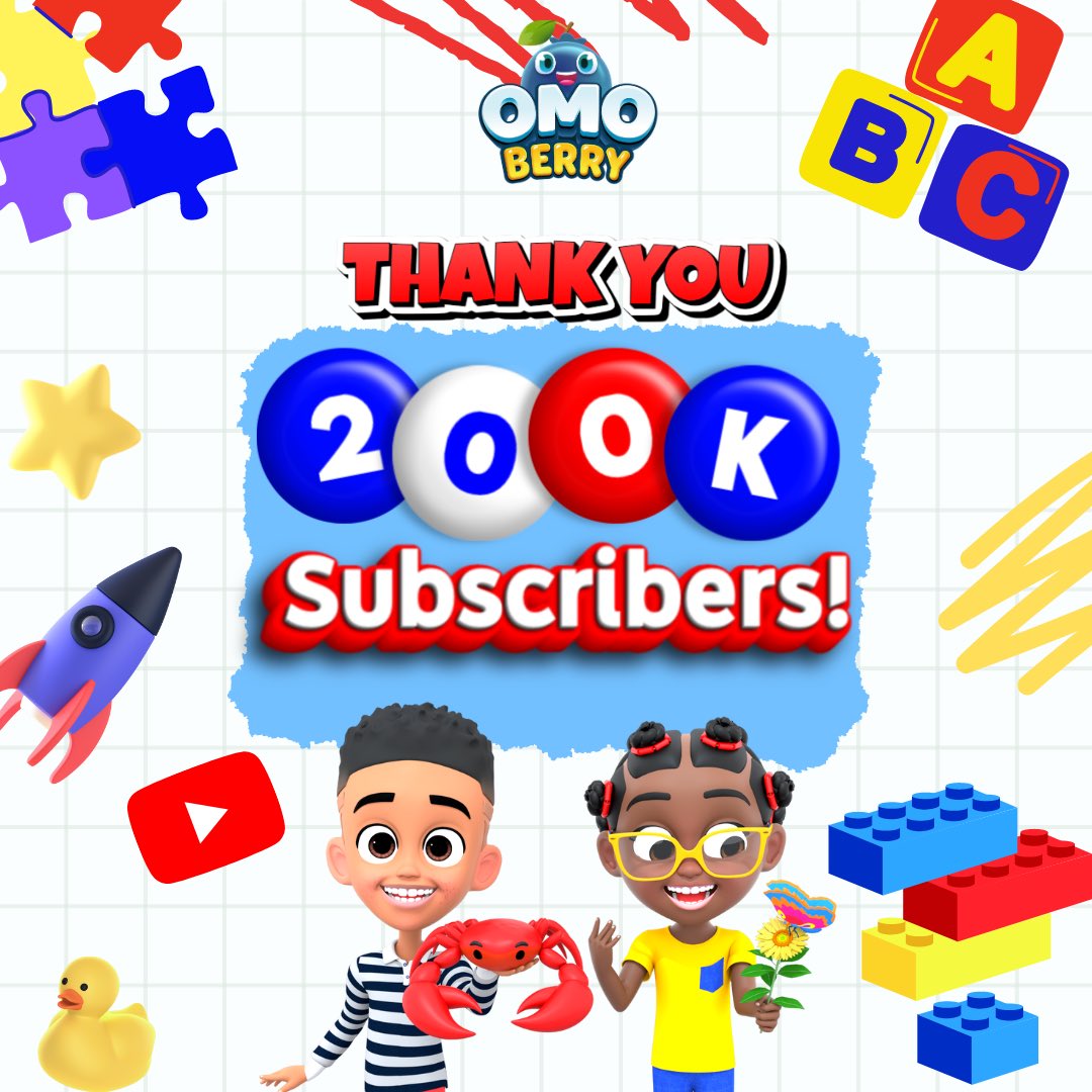 watchomoberry's tweet photo. We are thankful for 200k subscribers!🥳🥳
Thank you to all our SUPERFANS, we are so glad you are part of our community!
Drop a heart emoji in the comment section if you love OmoBerry❤️ #OmoBerry #Limitlessstudios #Nurseryrhymes #200ksubscribers #Youtube #kidssong #entertain https://t.co/u2NEA5pzho