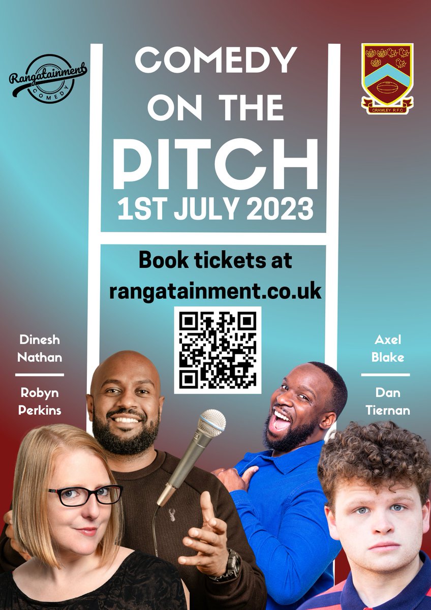 Crawley's biggest & best outdoor comedy event is back! Last few tickets remaining for Comedy on the Pitch 2023 🤣🏉🌞 Britain's Got Talent WINNER @axelblake_ headlining plus British Comedian of the Year 2022 Dan Tiernan & BBC New Comedian of the Year finalist @dineshnathancom
