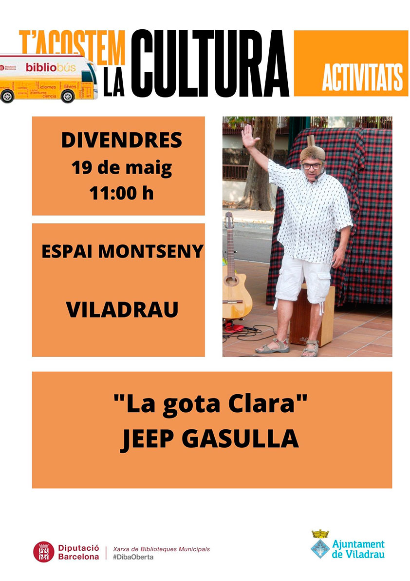 AjViladrau's tweet photo. RECORDEM‼️
🎭 LA GOTA CLARA
👉 Espectacle amb 🎶música, 🤣humor i participació a càrrec de 🙋 Jeep Gasulla
📅 Divendres 19 de maig
⏰ 11.00 hores
📍 Espai Montseny
#DibaOberta #BibliobúsPuigdon #Viladrau #Osona #Viladrauésmolt https://t.co/rBj5hxc7o5