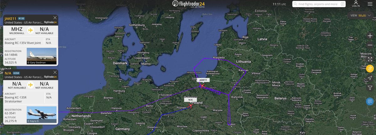 alternativewip's tweet photo. #USAF rivet joint currently back over poland having done a lap around kaliningrad, similar to just a few days ago, stratotanker also in the area. #JAKE11 https://t.co/QRKlAMqoW0