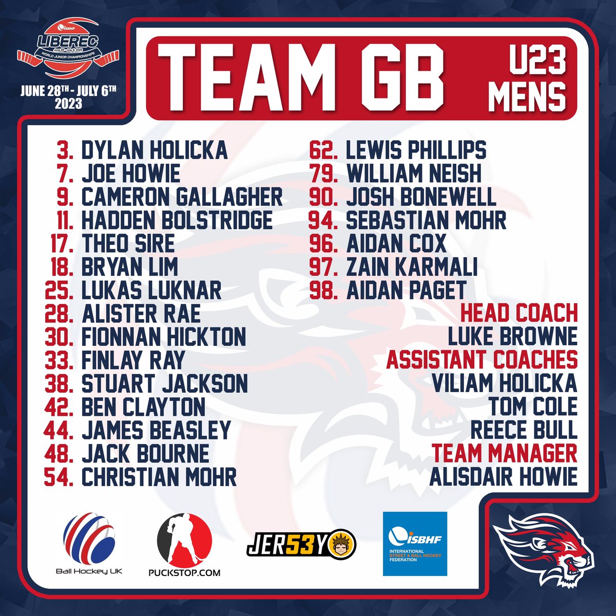 🚨🇬🇧 ROSTER ANNOUNCEMENT 🇬🇧🚨

Today it gives us great pleasure to announce our U23 Men’s team who will take part in the <a href="/OfficialISBHF/">ISBHF</a> Junior World Championships in Liberec, Czech Republic.