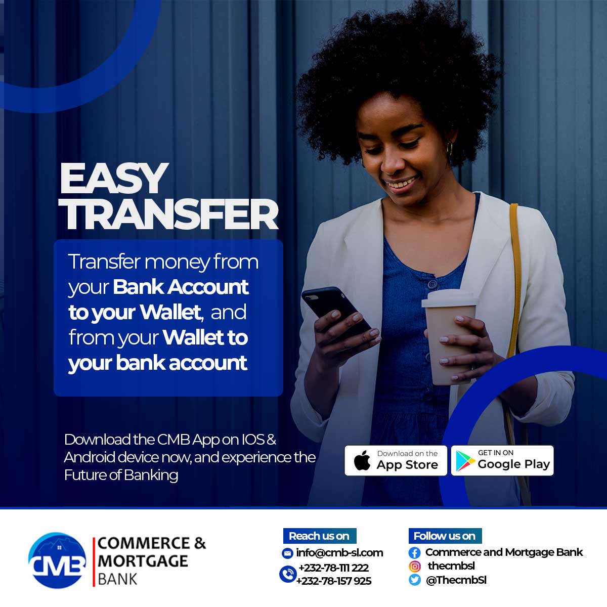 ThecmbSl's tweet photo. Worriless about coming to the bank. With CMB Bank-to-Wallet, and Wallet-to-Bank facility, you can move money To and From your account, anytime, anywhere and  experience the convenience in Banking.

EASY TRANSFER "You Bank, na you Phone"

#thecmbsl
#commercialbanksl
#EasyTransfer https://t.co/bxhxBNma1U