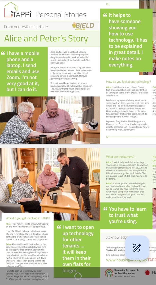 Lovely to meet Alice a resident at <a href="/BieldScotland/">Bield</a> West Port scheme in Linlithgow, a @DunhillMedical funded #TAPPI testbed.
Read her personal story, pointing the way to how the #10TAPPIprinciples and #TEC devices are transforming her and Peter's life housinglin.org.uk/_assets/Resour…