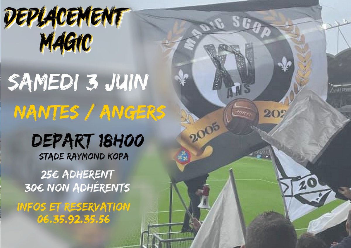 🚌Déplacement à Nantes 🚌 En car 📆 Nantes le 3juin 🕘Départ 18H00 du stade Raymond Kopa 💵25 € adhèrent 30 € non adhérent (place comprise) 📞0635923556