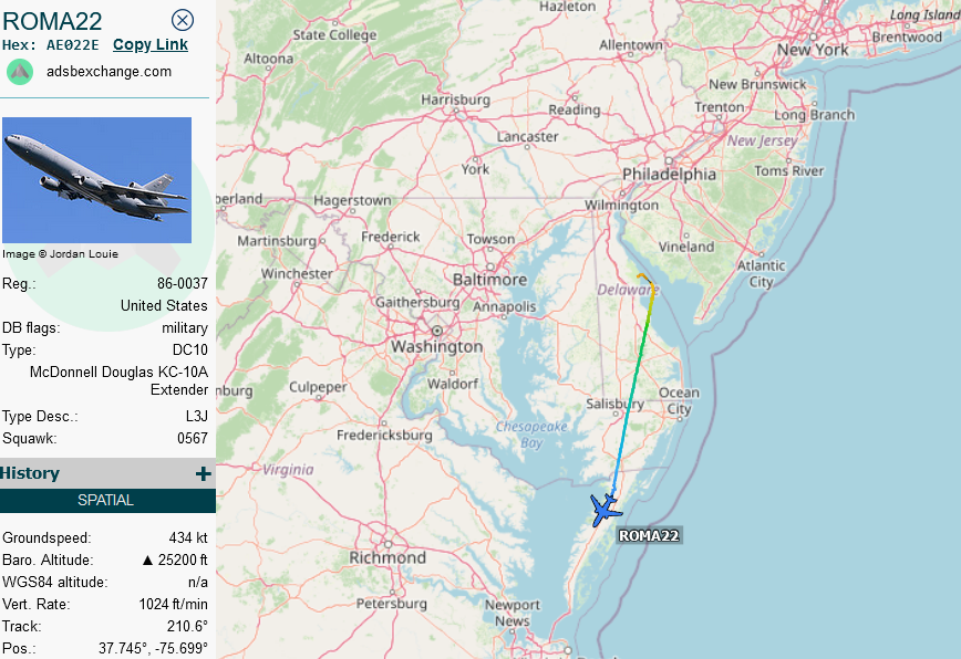 SirListenalot's tweet photo. #KC10 #AE022E as #ROMA22 out of Dover (to Móron) heading south to pick up some "AV" #F16's, that will probably end up at Lajes today https://t.co/K9JNly05Ma