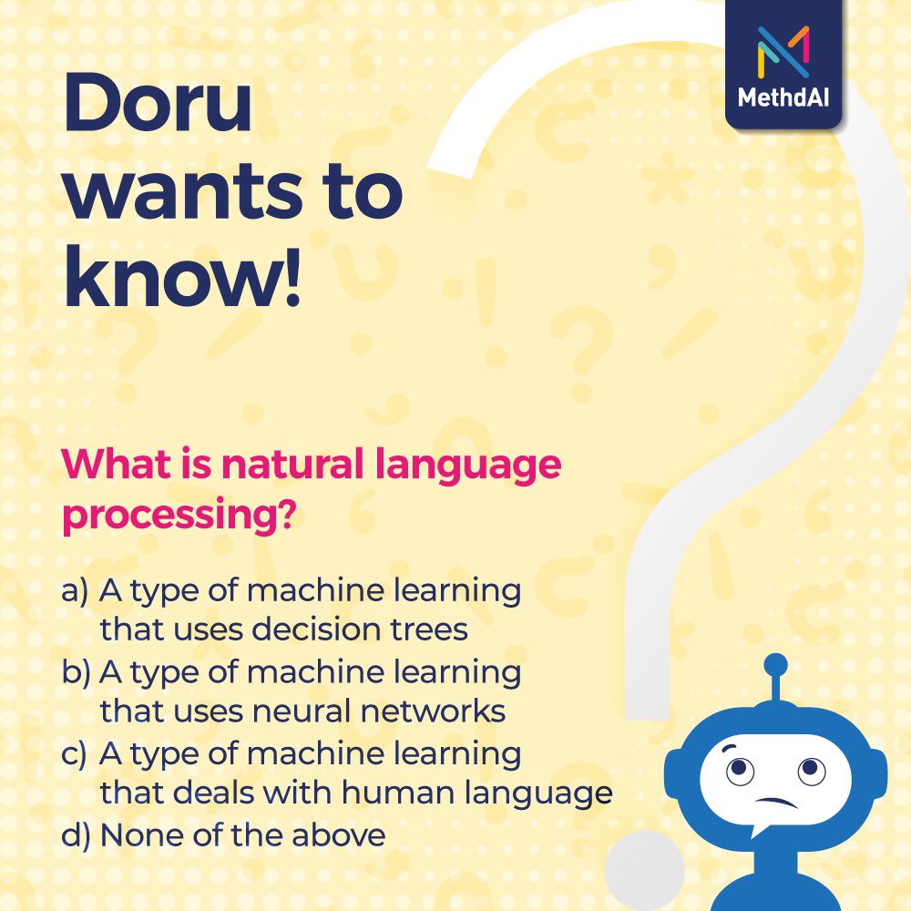 TheMethdAI's tweet photo. Natural language processing forms an important aspect on the study of AI. What are your inputs on the same?

Let Doru know your answer in the comment section below.

#aiquiz #allaboutai #ailearningplatform #ailearning #methdai #ai #quiztime #knowledge #doruwantstoknow https://t.co/hn64lXX0em
