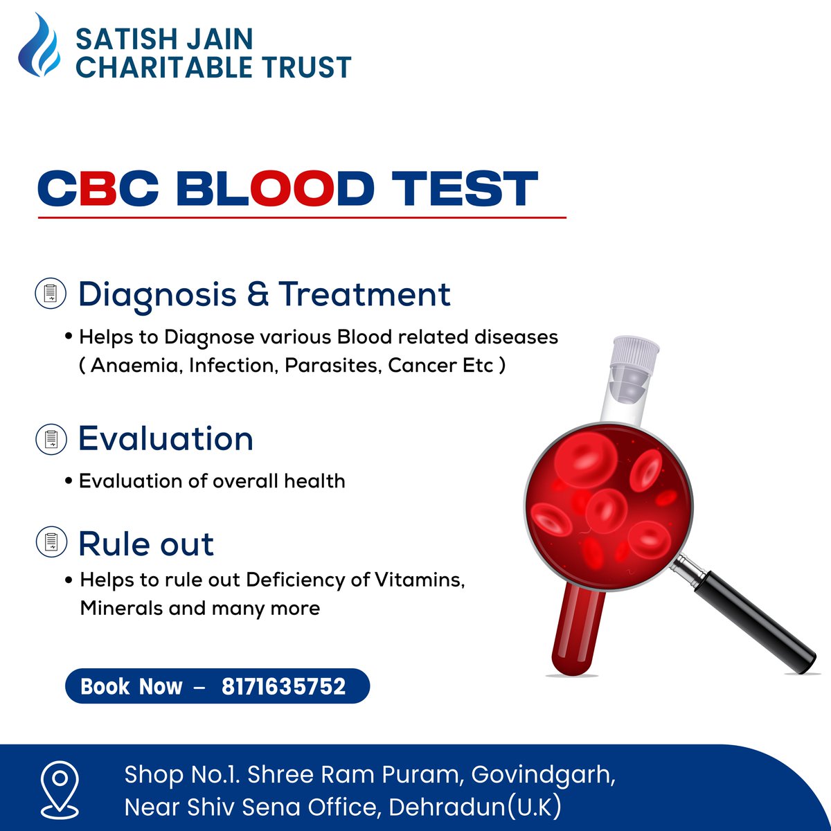 Attention Dehradun! Get your all blood test done at Satish Jain Charitable Trust including the CBC blood test an affordable price now. 

#bloodtest #test #labs #CharitableTrust #trust #CBCtest #dehraduncity #dehradun #blood #pathologylab #pathology #healthyliving #Health