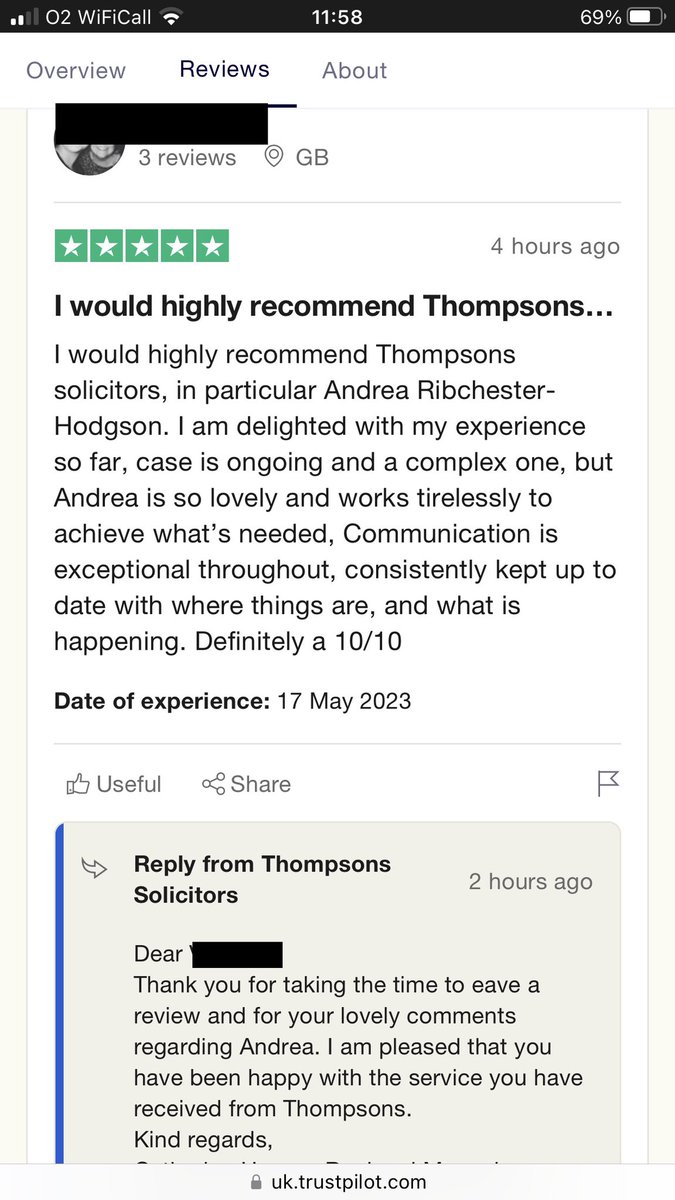 Feeling rather proud of my team! Another wonderful client 5 ⭐️⭐️⭐️⭐️⭐️ review on an ongoing claim. Well done Andrea Ribchester- Hodgson 👏🏻👏🏻 for such fantastic work! 
#todayatthompsons #clinneg #thompsonslaw