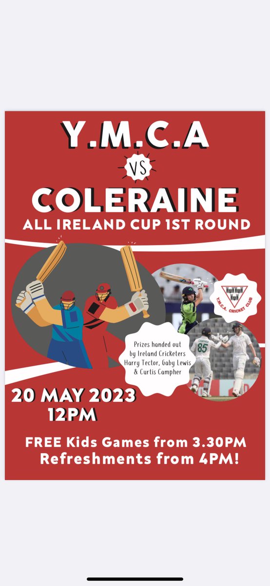 This Saturday 20th May, the 1XI play @Colerainecc in the All Ireland Cup! ⏰: 12.00pm 🏟️: Claremont Road FREE Kids games and prizes from 3.30pm! Prizes handed out by @cricketireland players @lewis_gaby, @curtis_campher & @harry_tector