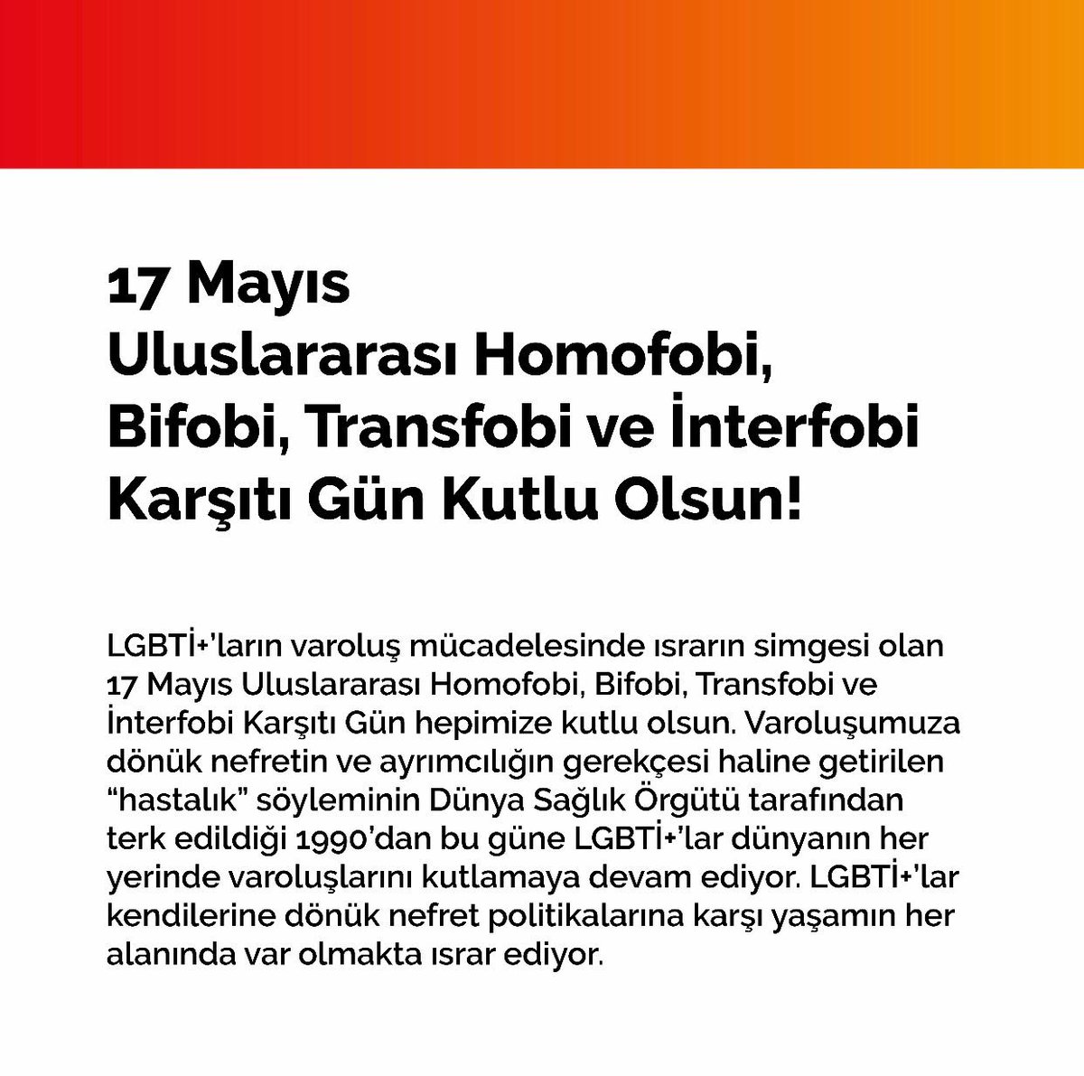 genclgbti's tweet photo. Nefretin sönümlendiği, fobinin geçer akçe olmadığı; hepimizin rahat nefes alabildiği, esenlik dolu yarınlara olan inancımızla; başta LGBTİ+’lar olmak üzere herkesin 17 Mayıs Uluslararası Homofobi, Bifobi, Transfobi ve İnterfobi Karşıtı Günü kutlu olsun!

Alışın, her yerdeyiz! https://t.co/rqXosvHB5V
