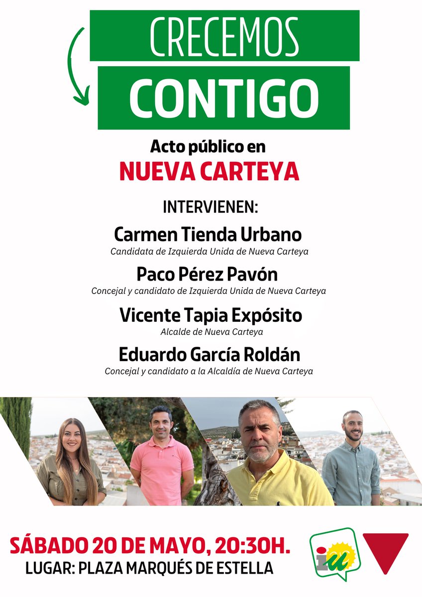 Este sábado 20 de mayo, a las 20:30 en la Plaza Marqués de Estella, tenemos el segundo acto público hacia las Elecciones Municipales del próximo 28 de mayo.

¡Te esperamos! Porque #CrecemosContigo ❤️