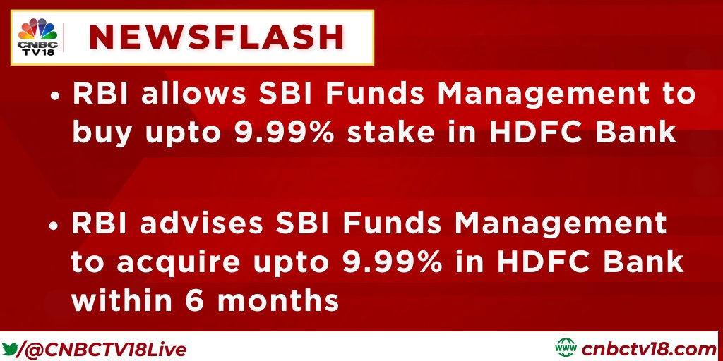 RBI allows SBI Funds Management to buy upto 9.99% stake in HDFC Bank & advises to acquire upto 9.99% in HDFC Bank within 6 months