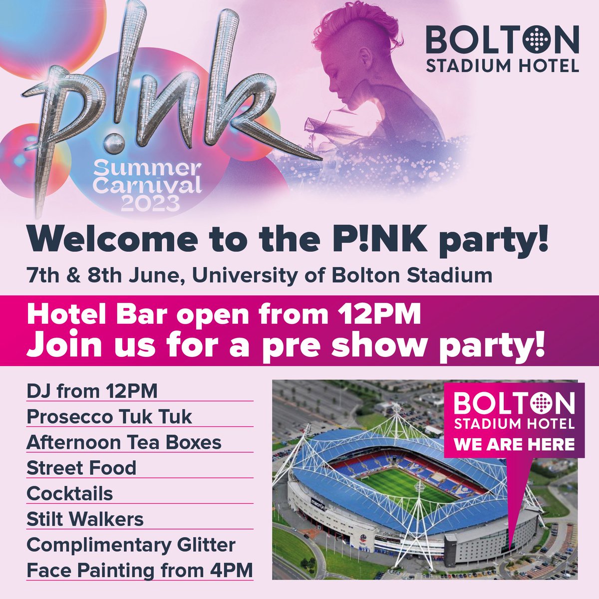 💖🪩 JUST 3 WEEKS TO GO UNTIL THE <a href="/Pink/">P!nk</a> PARTY IS HERE 💖🪩 

🎤 Soak up the pre concert atmosphere, and join us for an afternoon of fun. 

Be part of the party! Open to the public from 12PM 🥂

🎟️ No need to book, just show your PINK ticket on the door.