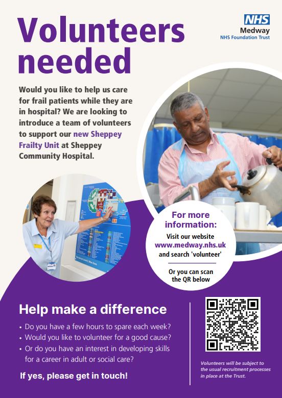 Are you interested in a career in health or social care? Learn essential skills and gain experience by becoming a volunteer at Sheppey Frailty Unit at Sheppey Community Hospital. Find out more at our volunteer recruitment fair on Monday 22 May @HealthwatchKent