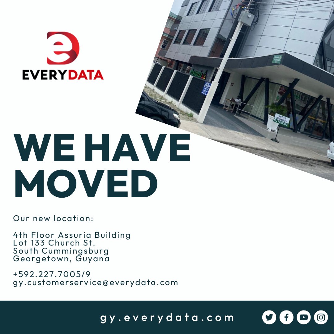 EveryDataGY's tweet image. Exciting news!  We have moved!  We will continue to provide you with the same great services online at hubs.li/Q01P6-L50 and our telephone numbers remain unchanged.  #everydata everydataguyana #dataanalytics