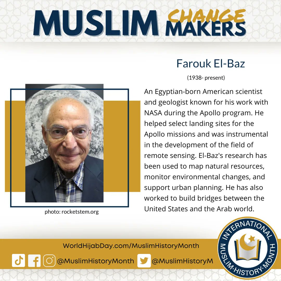 muslimhistorym's tweet photo. Did you know Farouk El-Baz played a crucial role in the Apollo 11 Moon landing mission? He's a pioneer in the field of remote sensing and has contributed significantly to mapping natural resources and monitoring environmental changes.
#GetToKnowMuslims
#MuslimHistoryMonth https://t.co/KRRymygpI9