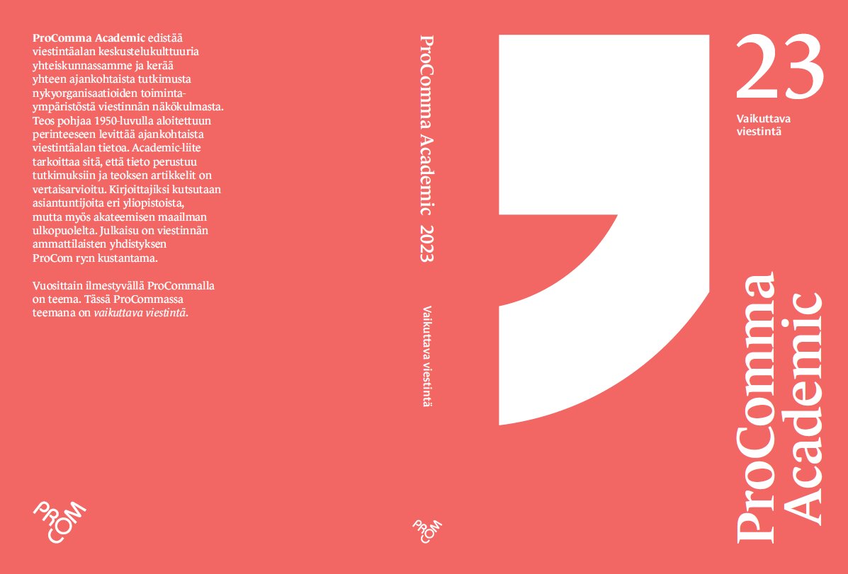 Tulossa: ProComma Academic 2023 – Vaikuttava viestintä. 
ProComin kustantaman kirjasarjan 10. numero ilmestyy 1.6.🤩Kirjan päätoimittajina ovat KTT Hanna Reinikainen <a href="/hreinikainen/">Hanna Reinikainen</a> ja VTT Salla-Maaria Laaksonen <a href="/jahapaula/">Salla-Maaria Laaksonen @jahapaula@scholar.social</a>.
Ennakkotilaa teos: procom.fi/uutiset/procom… 
#viestintä