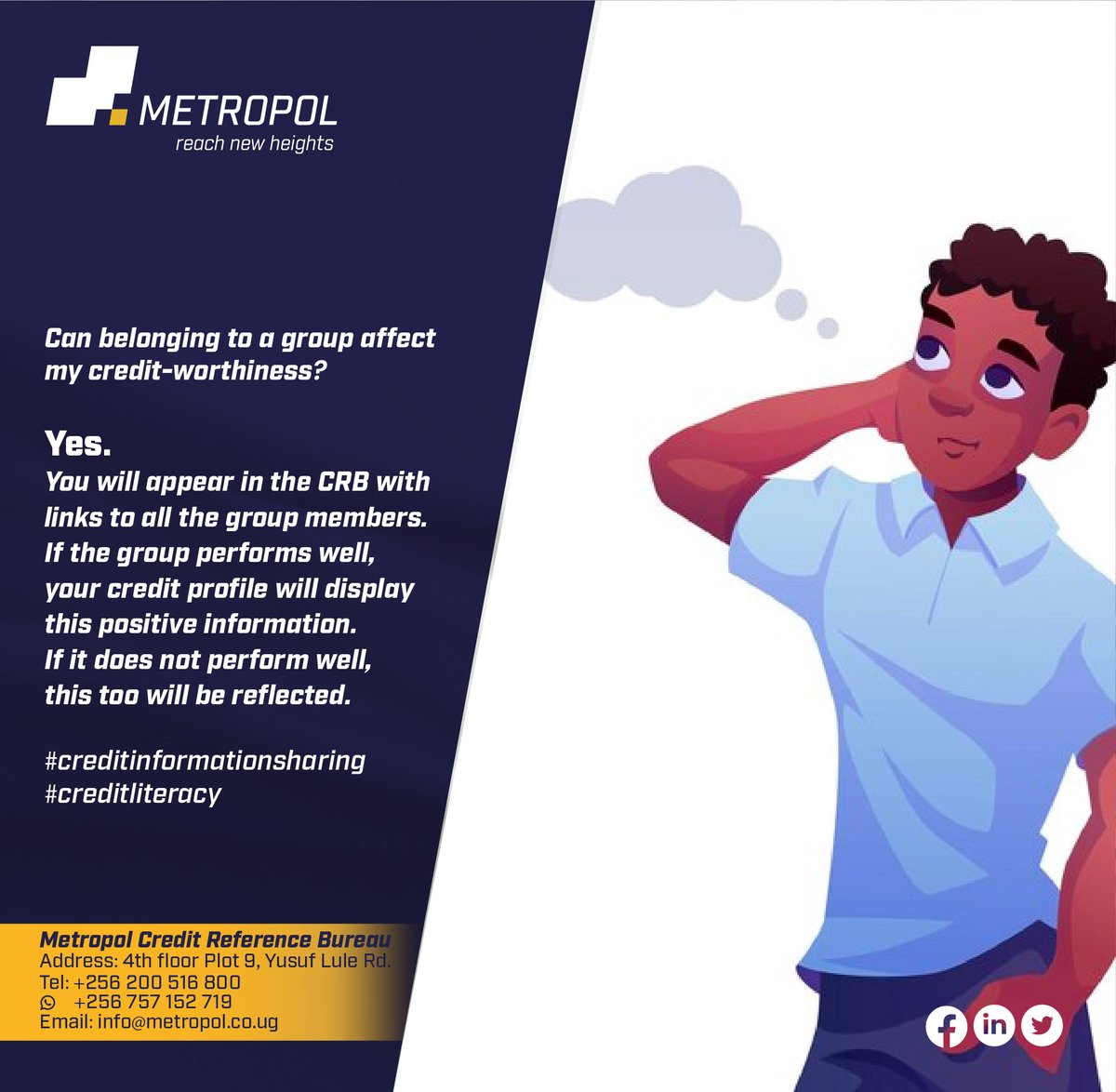Metropol_Uganda's tweet photo. Group loans are good but not all. These can affect your Credit-worthiness either positively or negatively. #creditinformationsharing
#creditliteracy https://t.co/7VnTLl9CkP
