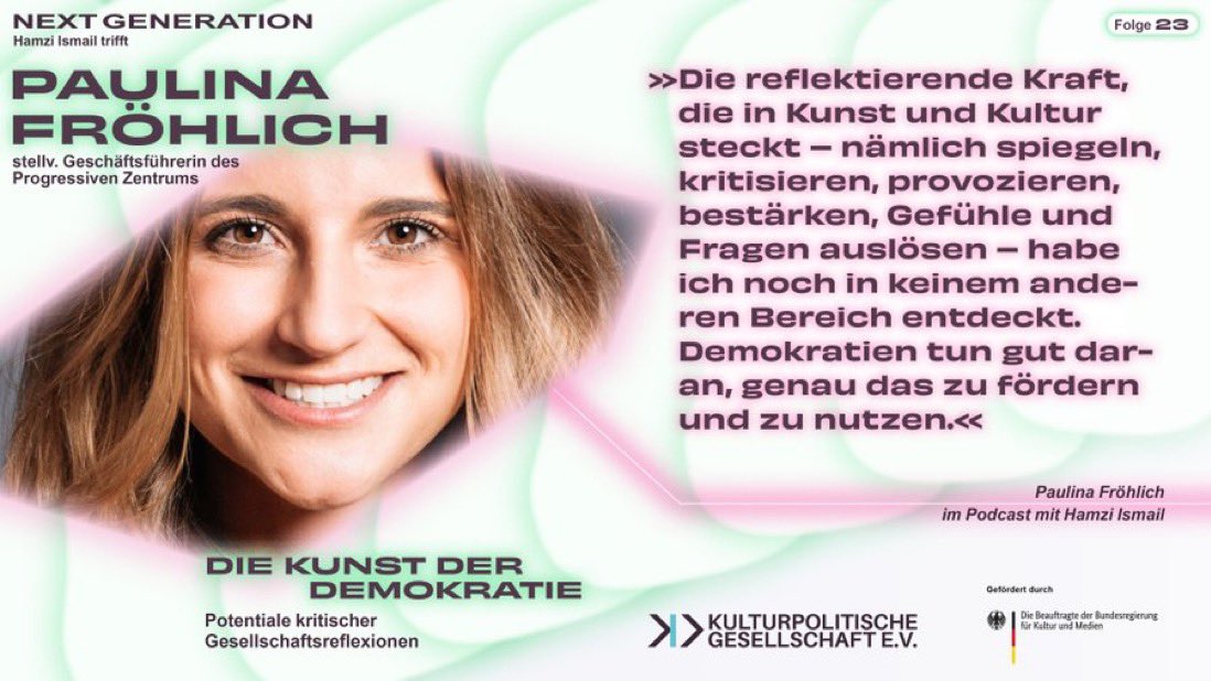 Meine neue Podcast-Folge von #nextgeneration ist online 🤗🥳 zu Gast hatte ich <a href="/PaulinaFrohlich/">Paulina Fröhlich</a> - eine starke, progressive Kultur-Macherin aus Berlin!

Zu hören überall da, wo es Podcasts gibt, z.B. über Spotify: open.spotify.com/episode/6ctu5b…

Danke an <a href="/Kupoge/">Kulturpolitische Gesellschaft e.V.</a>